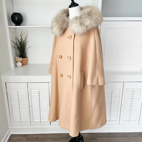 Vintage Jackets & Blazers - Vintage Romay Azens Fur Collar Camel Tan Wool Swing Cape Coat Size S/M